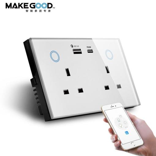 Makegood UK Standard Double Socket&USB type C Charger smart wall socket power monitor Alexa touch wall wifi outlet